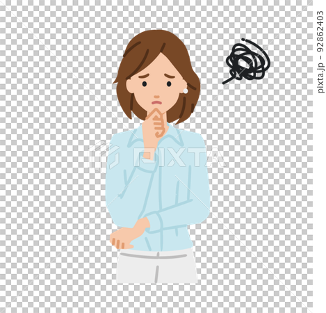 立って手をあごにあてて困っているブラウスの女性 92862403