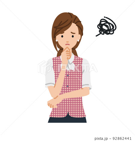 立って手をあごにあてて困っている事務員制服の女性 92862441