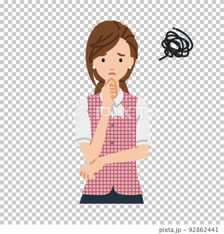 立って手をあごにあてて困っている事務員制服の女性 92862441
