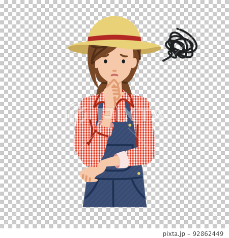 A farmer woman standing in trouble with her hand on her chin A farmer woman standing in trouble with her hand on her chin 92862449