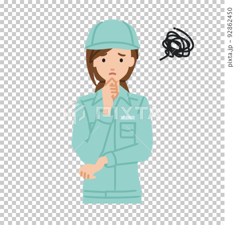立って手をあごにあてて困っている作業員の女性 92862450