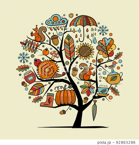 Autumn tree isolated on white, Fall season. Hand drawn concept art for your design project - banners, poster, web, print materials. Vector illustration 92863286