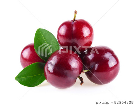 red cherry plum with green leaves isolated on white background 92864509