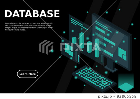 Data analysis in isometric vector design. Technician in datacenter or data center room background. Network mainframe infrastructure website layout 92865558