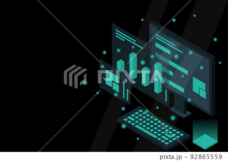 Data analysis in isometric vector design. Technician in datacenter or data center room background. Network mainframe infrastructure website layout 92865559