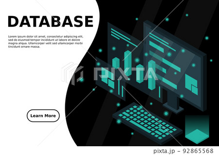 Data analysis in isometric vector design. Technician in datacenter or data center room background. Network mainframe infrastructure website layout 92865568