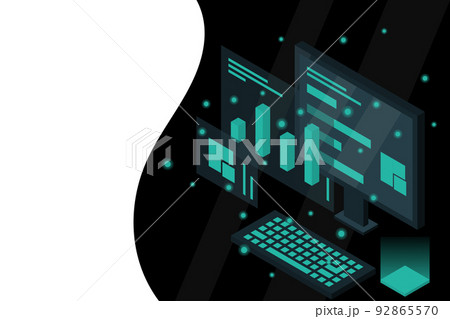 Data analysis in isometric vector design. Technician in datacenter or data center room background. Network mainframe infrastructure website layout 92865570