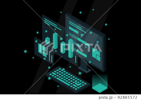 Data analysis in isometric vector design. Technician in datacenter or data center room background. Network mainframe infrastructure website layout 92865572