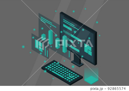 Data analysis in isometric vector design. Technician in datacenter or data center room background. Network mainframe infrastructure website layout 92865574