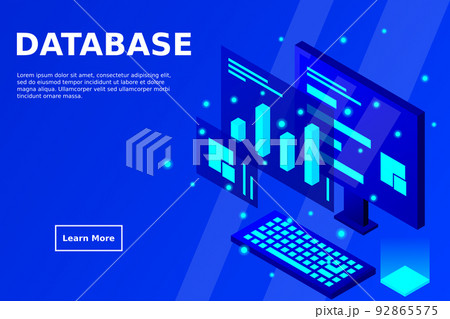 Data analysis in isometric vector design. Technician in datacenter or data center room background. Network mainframe infrastructure website layout 92865575