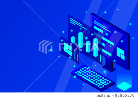Data analysis in isometric vector design. Technician in datacenter or data center room background. Network mainframe infrastructure website layout 92865576