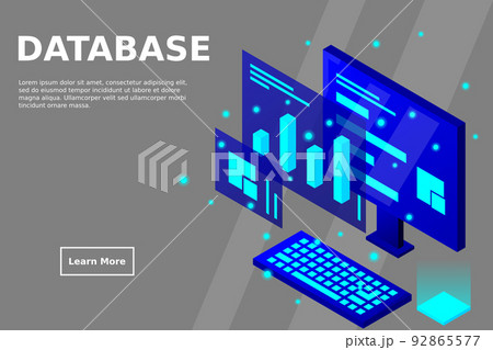 Data analysis in isometric vector design. Technician in datacenter or data center room background. Network mainframe infrastructure website layout 92865577