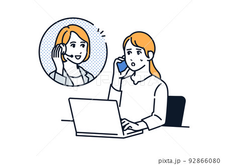 PCを操作しながらスマホで相談する女性のベクターイラスト素材 PCを操作しながらスマホで相談する女性のベクターイラスト素材 92866080