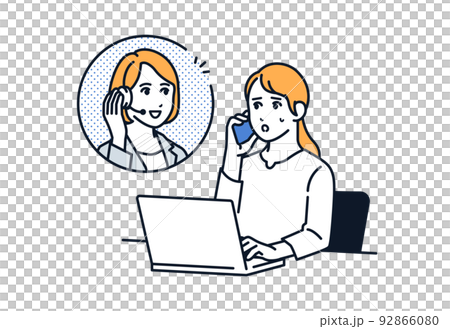 PCを操作しながらスマホで相談する女性のベクターイラスト素材 PCを操作しながらスマホで相談する女性のベクターイラスト素材 92866080