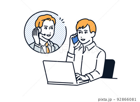 PCを操作しながらスマホで相談する男性のベクターイラスト素材 92866081