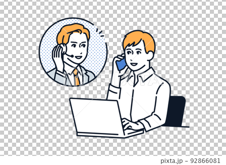PCを操作しながらスマホで相談する男性のベクターイラスト素材 92866081