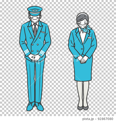 お辞儀をする機長と客室乗務員（マスク姿） 92867080
