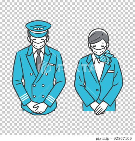 お辞儀をする機長と客室乗務員(マスク姿) お辞儀をする機長と客室乗務員(マスク姿) 92867109