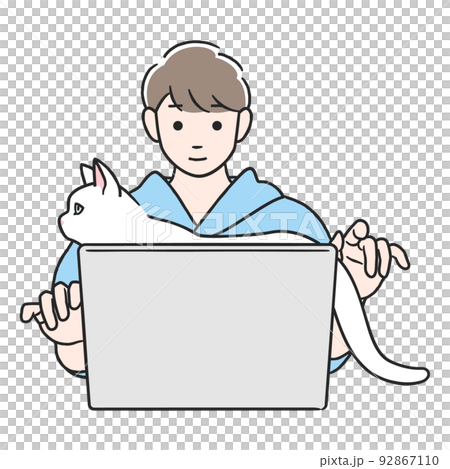 一個人在電腦上工作時被貓打擾了 92867110