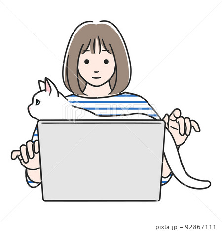 パソコン作業中、猫に邪魔される女性 92867111