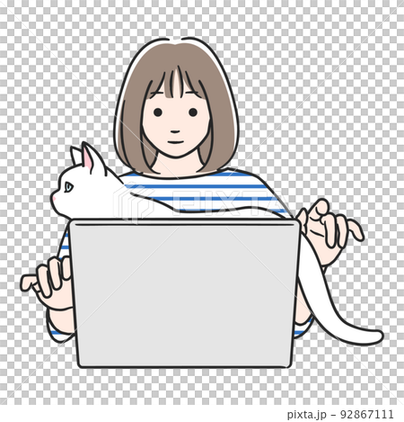 パソコン作業中、猫に邪魔される女性 92867111