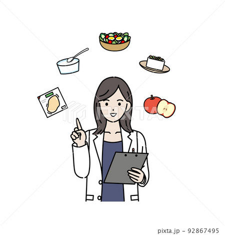 ダイエットに適した食事を説明する　栄養士　医者　女医　白衣を着た女性　イラスト 92867495