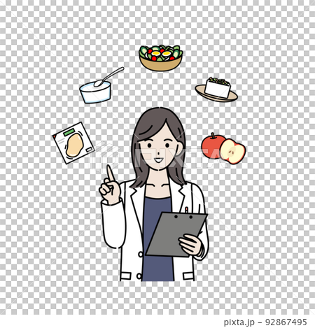 Explaining meals suitable for dieting Nutritionist Doctor Female doctor Illustration of a woman wearing a white coat 92867495