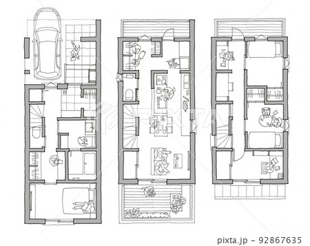回遊家事動線・リビングテラスのある三階建て住宅の間取り(グレー) 92867635
