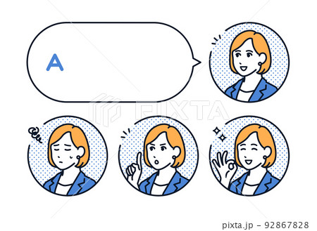 スーツの女性の顔アイコンと吹き出しのセット 92867828