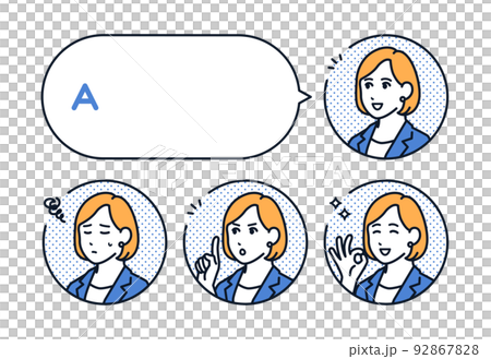 Suit woman's face icon and speech bubble set 92867828