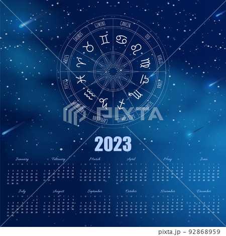 Magic calendar 2023 with zodiac signs. Week starting on sunday. Vector template ready to print. Horoscope wall picture design 92868959