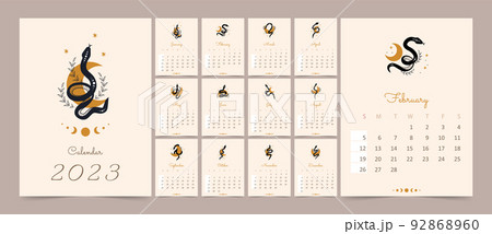 Calendar 2023 with boho snakes. Week starting on sunday. Magic vipers with moon and stars. Mystical symbol in a trendy minimalist style. Flat minimal desk or wall picture design. Vector template 92868960