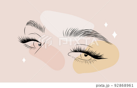 Minimalist female eyes on colored spots. Linear women lashes and brows. Vector illustration in one line drawing style. Perfect for logo 92868961