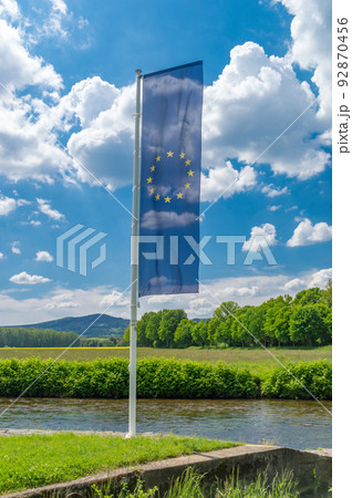 Europe union flag on tripoint of Germany, Czech Republic, and Poland in Sudetes. 92870456