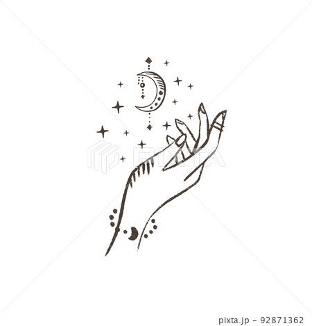 Magic hand with moon. Celestial and mystical moon for branding logo cosmetics and beauty products. Esoteric and mystical design elements.Hand drawn Vector illustration. Magic hand with moon. Celestial and mystical moon for branding logo cosmetics and beauty products. Esoteric and mystical design elements.Hand drawn Vector illustration. 92871362