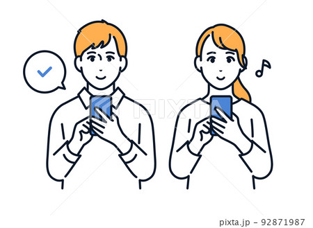 スマホを操作する若い男女のベクターイラスト素材 92871987
