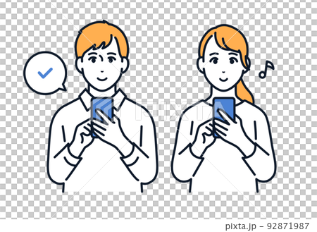 スマホを操作する若い男女のベクターイラスト素材 92871987