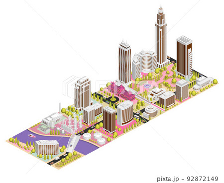 ブロックのように組み合わせれば大きな都市になる街並みイラスト　バリエーションあり 92872149