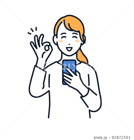 スマホを持ってOKサインをする若い女性のベクターイラスト素材 スマホを持ってOKサインをする若い女性のベクターイラスト素材 92872501