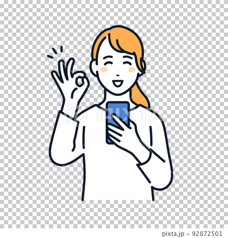 スマホを持ってOKサインをする若い女性のベクターイラスト素材 スマホを持ってOKサインをする若い女性のベクターイラスト素材 92872501