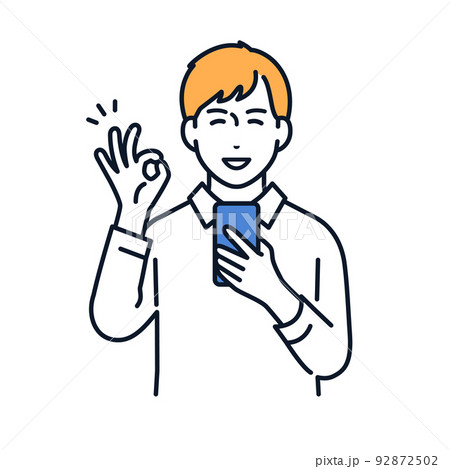 スマホを持ってOKサインをする若い男性のベクターイラスト素材 92872502