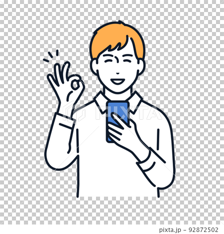 スマホを持ってOKサインをする若い男性のベクターイラスト素材 92872502