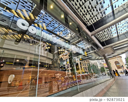 Reflection window of Commonwealth Bank of Australia (CBA) flagship headquarters office in Brisbane Central Business District on Queen Street. Reflection window of Commonwealth Bank of Australia (CBA) flagship headquarters office in Brisbane Central Business District on Queen Street. 92873021