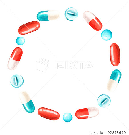 A wreath of pills. Place for text. Watercolor illustration. Isolated on a white background. 92873690