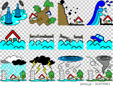 災害，洪水，風，洪水，滑坡，滑坡，大浪，大雨，颱風，雷聲，龍捲風，警報，簡單的插圖 92874061