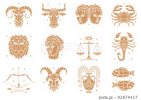 Zodiacal symbols. Vector illustration. Astrology, horoscope sign, graphic design elements, printing template. Esoteric zodiacal horoscope templates Isolated on black. 92874417