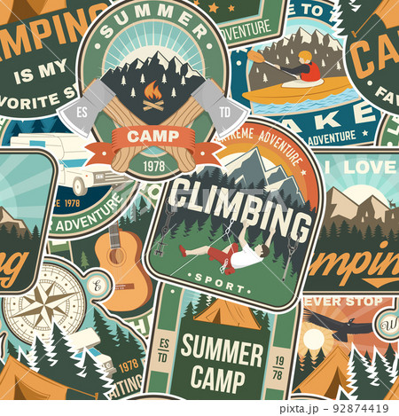 Summer camp colorful seamless pattern with travel inspirational quotes. Vector. Background, wallpaper, seamless pattern with compass, guitar, camping climber, tent, mountain and forest silhouette. 92874419