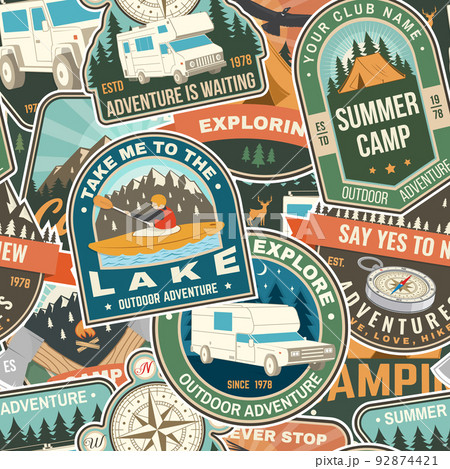 Summer camp colorful seamless pattern with travel inspirational quotes. Vector. Background, wallpaper, seamless pattern with man in canoe, lake and mountain silhouette. Summer camp colorful seamless pattern with travel inspirational quotes. Vector. Background, wallpaper, seamless pattern with man in canoe, lake and mountain silhouette. 92874421