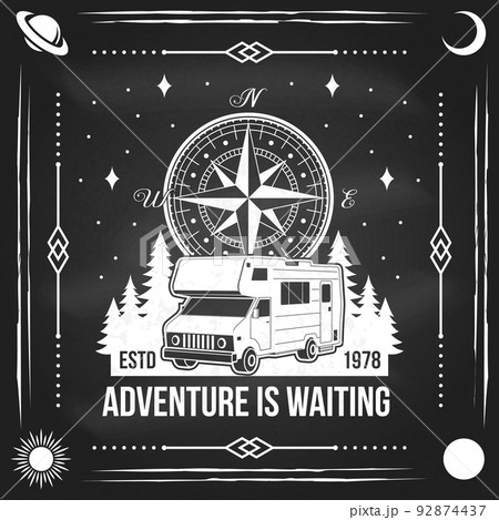 Adventure is waiting on chalkboard. Vector illustration Concept for shirt or logo, print, stamp or tee. Vintage typography design with compass, camper rv and forest silhouette. Camping quote. 92874437