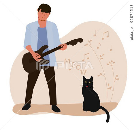 A musician learns to play the guitar at home. The pet is talented at singing. A guitarist with a cat. Vector stock illustration. Isolated on a white background. 92874513
